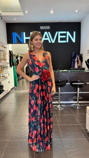 Vestido en seda estampada plisada